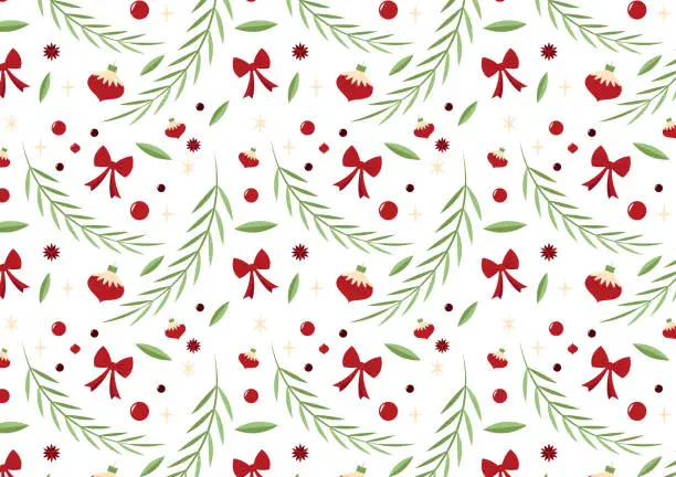 Vector illustration of Christmas pattern with spruce branches. berries and stars. Vector illustration.