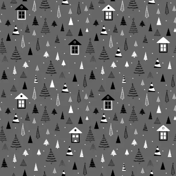 Vector illustration of Funny seamless vector pattern with houses, stars and Christmas tree. Can be used  for fabric, phone case and wrapping paper.