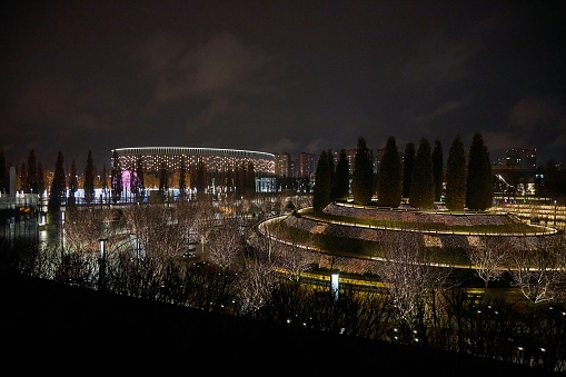 Krasnodar, Russia - December 31, 2022: New Year's decorated Krasnodar Park or Galitsky Park. Night time of the day.