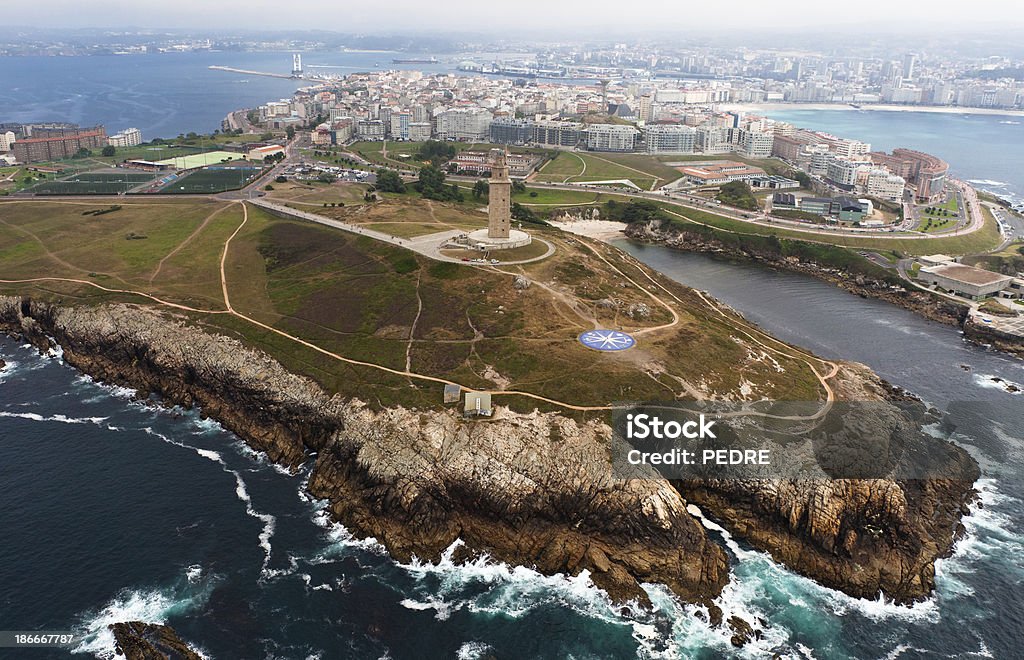 Hercules´Tower aerial view Aerial view of the Hercules´Tower in the coast of Coruña, Galicia, Spain. A Coruna Stock Photo