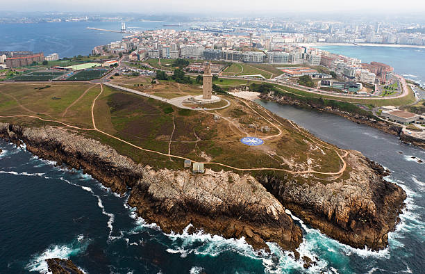 Hercules´Tower aerial view Aerial view of the Hercules´Tower in the coast of Coruña, Galicia, Spain. a coruna province stock pictures, royalty-free photos & images