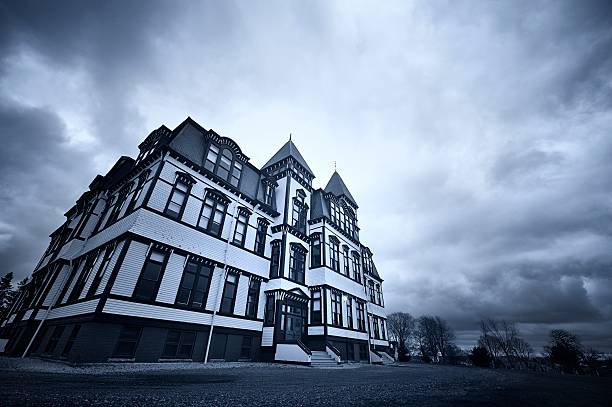 Spooky Old Wooden School Building at Dusk