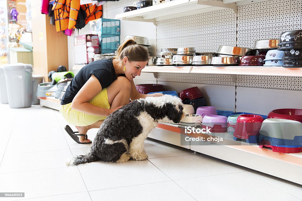 Cane e il suo proprietario di un negozio per animali acquistare nuovi bowl - Foto stock royalty-free di Animale