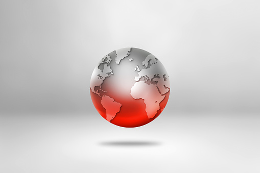 Metal world globe isolated on white background. Global warming symbol. 3D illustration