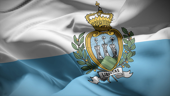 3d illustration flag of San Marino. Close up waving flag of San Marino.