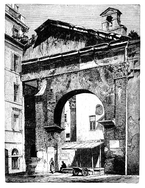 19th century image of the Porticus Octaviae, Rome, Italy 19th century image of the Porticus Octaviae, Rome, Italy, photographed from a book  titled 'Italian Pictures Drawn with Pen and Pencil' published in London ca. 1870.  Copyright has expired on this artwork. Digitally restored. porticus stock illustrations