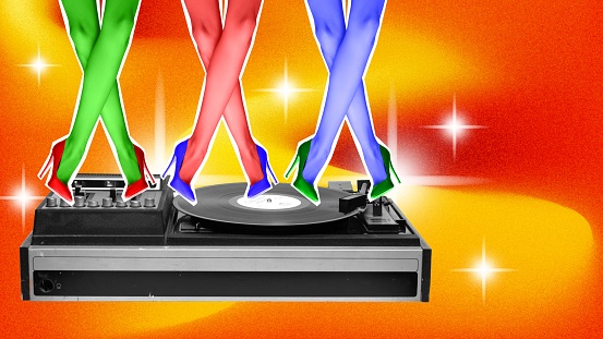 Female legs in colorful heels dancing on music player over gradient yellow background. Contemporary art collage. Concept of holidays, celebration, party, fun and joy, meeting. Colorful design. Poster