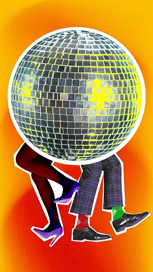 Male and female legs dancing under giant disco ball over bright yellow background. Contemporary art collage. Concept of holidays, celebration, party, fun and joy, meeting. Colorful design. Poster