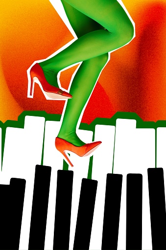 Female legs in green tights and red heels dancing on piano keys over gradient background. Contemporary art collage. Concept of holidays, celebration, party, fun and joy, music. Colorful design. Poster