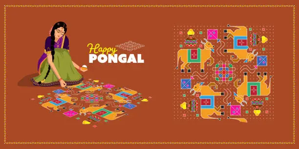 Vector illustration of Happy pongal. Vector illustration of a south indian woman making kolam infront of house.