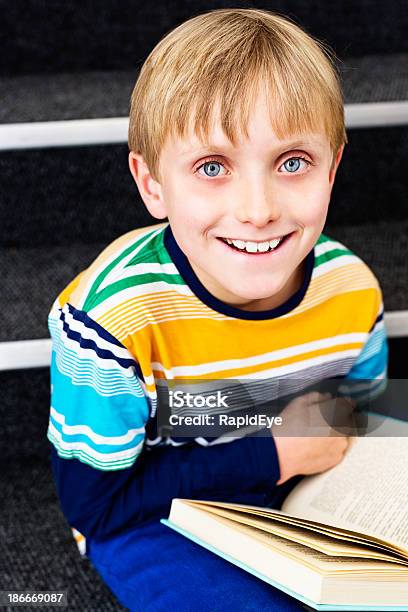 Reading I Love It Happy Blond Schoolboy In Library Stock Photo - Download Image Now