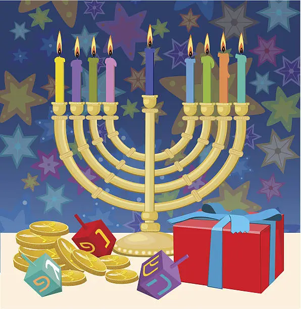 Vector illustration of Hanukkah Candlestick, Gift Box, Gelt