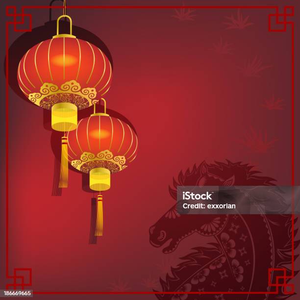 Chinese Red Lantern With Horse Papercut Background Stock Illustration - Download Image Now