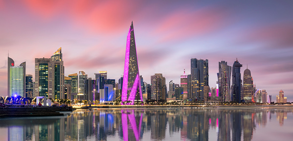 Doha, Qatar - December 17, 2023: The Panoramic skyline of Doha, Qatar during sunrise