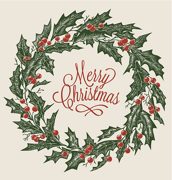 stockillustraties, clipart, cartoons en iconen met christmas wreath - gravure gefabriceerd object