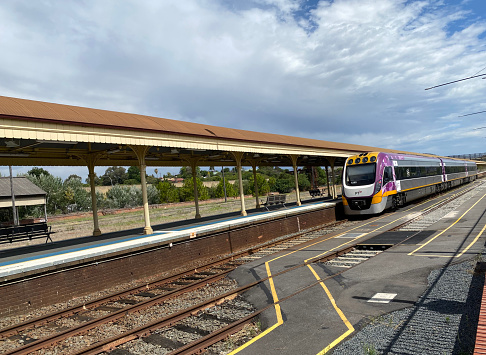 Albury, New South Wales, Australia. -19 Dec 2023 - V Line is a statutory authority that operates rail services to the regional cities, the image shows the train stopping at Albury Rail way station.