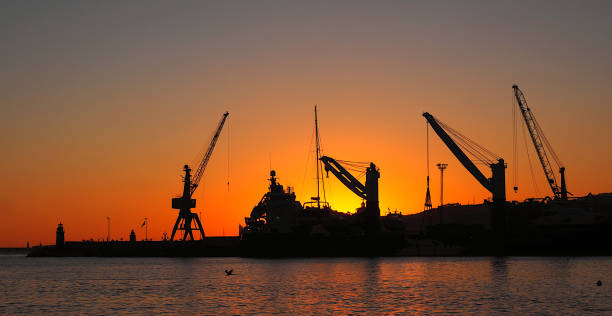 istock Silhouette cranes against sky during sunset 1866723603