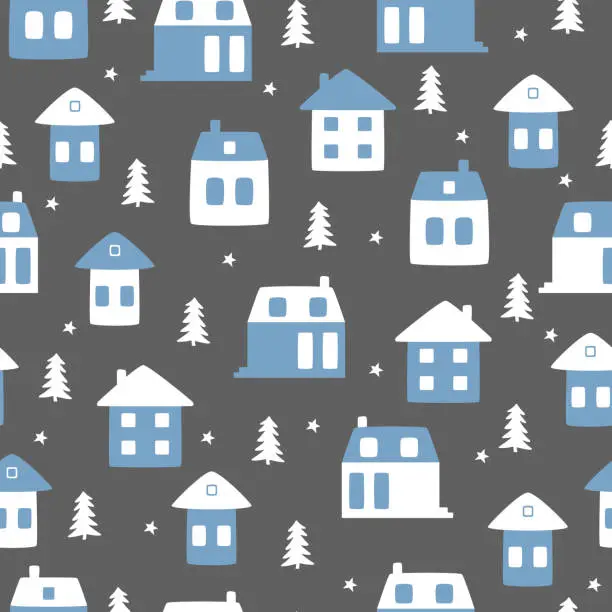 Vector illustration of Funny seamless vector pattern with houses, stars and Christmas tree. Can be used  for fabric, phone case and wrapping paper.