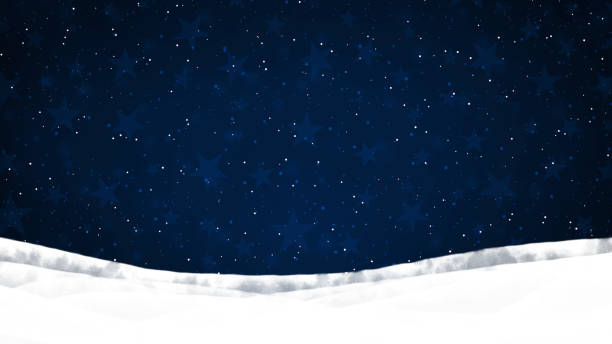 Empty blank dark navy blue coloured spotted Christmas backgrounds with a curved wavy frill or border of snow hills as bottom border, stars and glitter in glittering snowing backdrop shining like bokeh lights and stars Horizontal illustration of navy blue textured ethereal sky backdrop. Apt for Xmas, Christmas, New Year Day vacations themed wallpapers, greeting cards, posters and backdrops and gift wrapping paper sheets. dark blue night stock illustrations