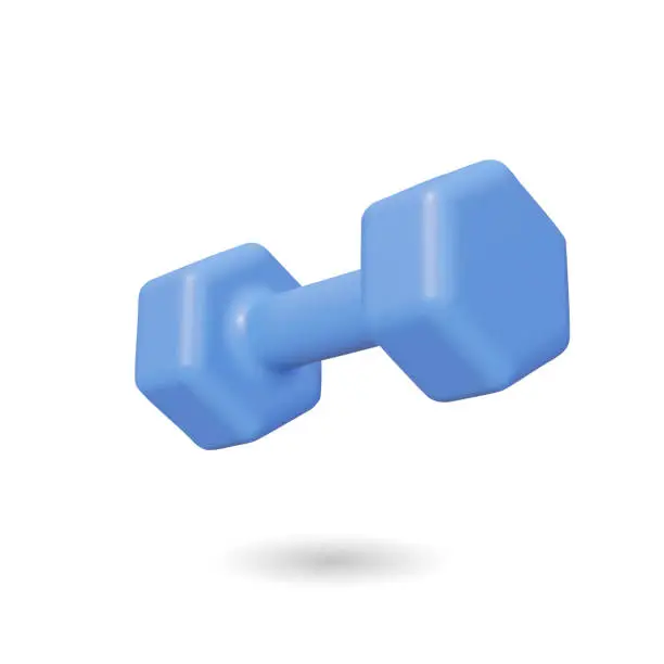 Vector illustration of 3d realistic blue dumbbell isolated on white background. Vector illustration. Fitness equipment for exercise banner, weights training and workout, 3d rendering