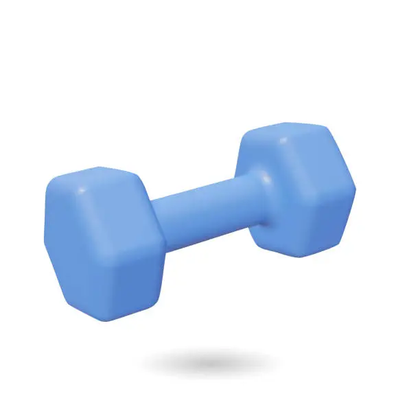 Vector illustration of 3d realistic blue dumbbell isolated on white background. Vector illustration. Fitness equipment for exercise banner, weights training and workout, 3d rendering