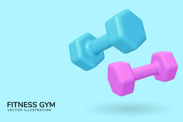 Vector illustration of Fitness gym poster with 3d realistic dumbbell. Vector illustration. Fitness equipment for exercise banner, weights training and workout, 3d rendering
