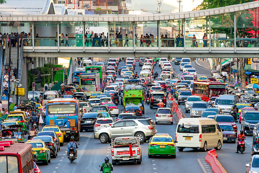 Thailand-December-17:Traffic jam on December 17,2023 at Traffic jam at Ratchadamri Bangkok Thailand, Bangkok Thailand