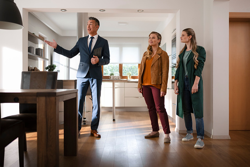 Male real estate agent showing modern luxury house to lesbian couple.