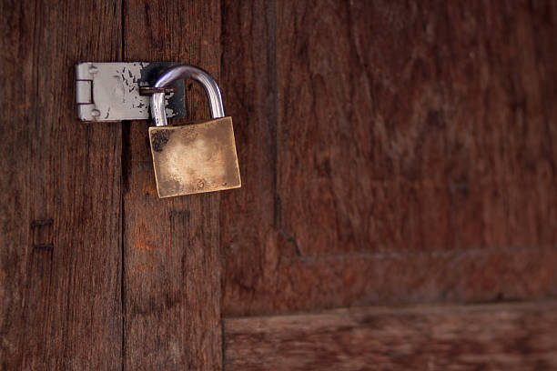 istock Old rusty padlock on a wooden door 186676900