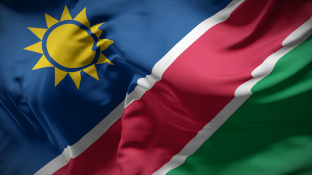 Close-up view of Namibia national flag fluttering in the wind. 3d illustration flag of Namibia. Close up waving flag of Namibia. flag of namibia stock pictures, royalty-free photos & images