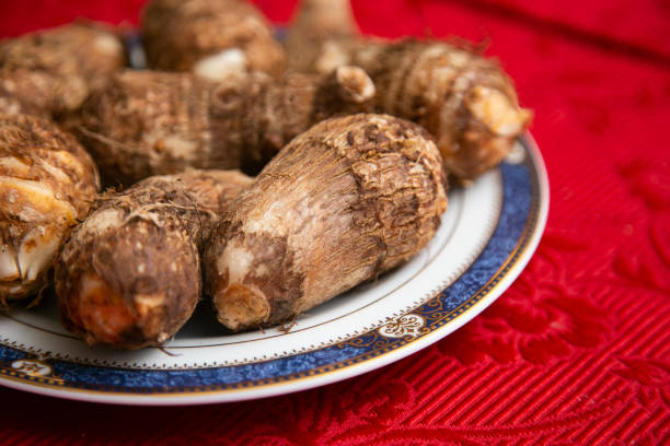 satoimo lub korzeń taro to bogate w skrobię warzywo korzeniowe, które jest powszechnie spożywane w japońskich potrawach gotowanych na wolnym ogniu i obfitych zupach. - root vegetable raw potato human skin root zdjęcia i obrazy z banku zdjęć