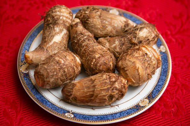 satoimo lub korzeń taro to bogate w skrobię warzywo korzeniowe, które jest powszechnie spożywane w japońskich potrawach gotowanych na wolnym ogniu i obfitych zupach. - root vegetable raw potato human skin root zdjęcia i obrazy z banku zdjęć