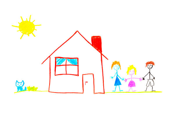 Children's drawing of family with house Kids drawing with happy family, house and cat. crayon drawing photos stock pictures, royalty-free photos & images