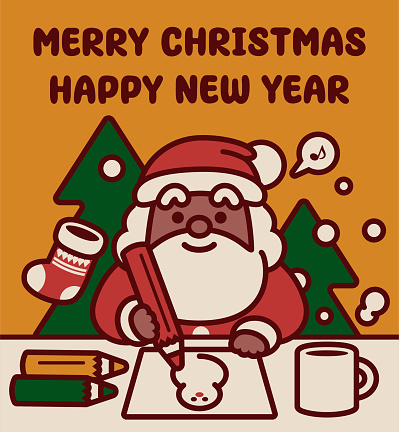 Cute Christmas Characters Vector Art Illustration.
Adorable black Santa Claus sitting at a desk and drawing a snowman on a Christmas card to wish you a Merry Christmas and a Happy New Year.