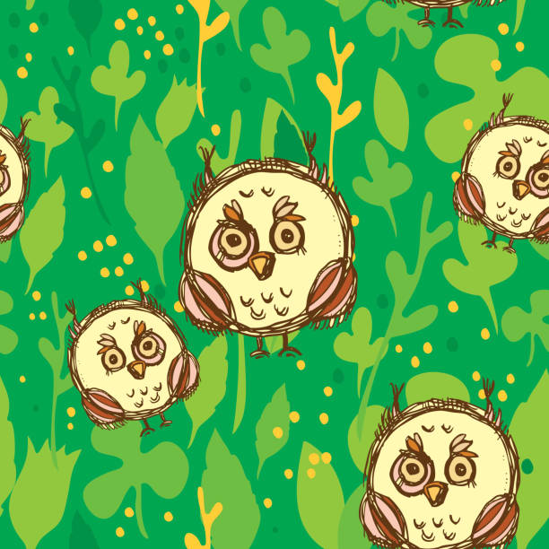 ilustraciones, imágenes clip art, dibujos animados e iconos de stock de patrón sin costuras con divertidos gran-eyed búho fondo verde.  vector - illustration and painting single flower fun old fashioned