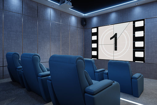 Private Home Cinema Room With Projection Screen, Recliners, Speakers And Neon Lighting