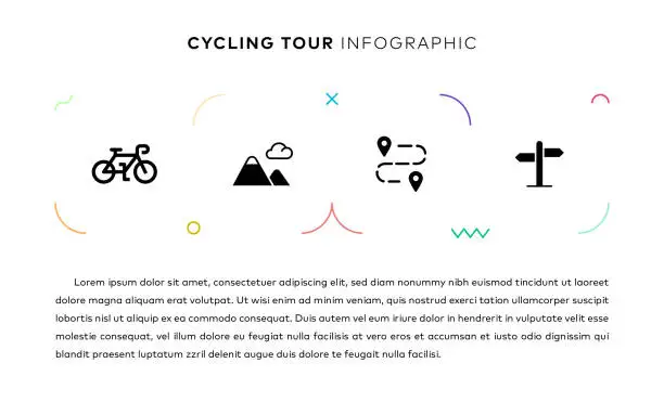 Vector illustration of Cycling Tour Concept Infographic Design with Simple Solid Icons. This infographic design is suitable for use on websites, in presentations, magazines, and brochures.