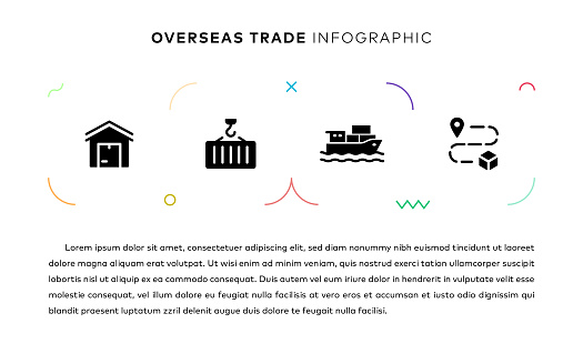 Overseas Trade Concept Infographic Design with Simple Solid Icons. This infographic design is suitable for use on websites, in presentations, magazines, and brochures.