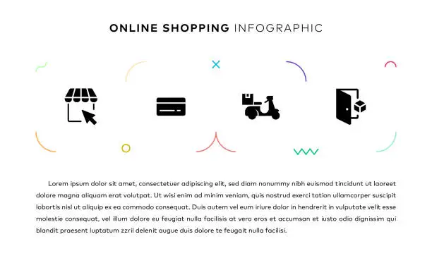 Vector illustration of Online Shopping Concept Infographic Design with Simple Solid Icons. This infographic design is suitable for use on websites, in presentations, magazines, and brochures.