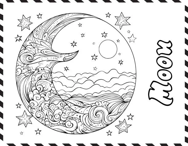 Vector illustration of Crescent Moon Coloring Pages for Kids