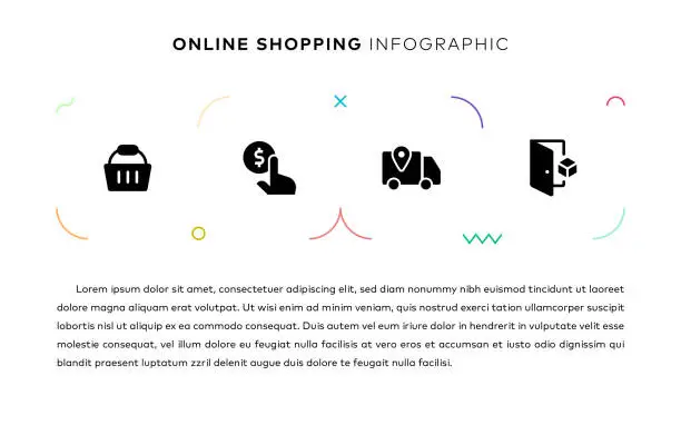 Vector illustration of Online Shopping Concept Infographic Design with Simple Solid Icons. This infographic design is suitable for use on websites, in presentations, magazines, and brochures.