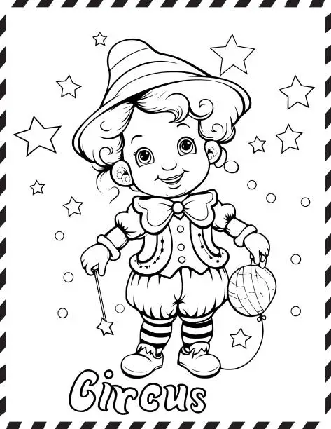 Vector illustration of Circus Clown Coloring Page Drawing For Kids