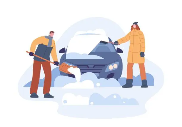 Vector illustration of Clean car from snow after snowstorm. Man and woman cleaning auto, removed seasonal snowdrift with brush and shovel. Winter kicky vector scene