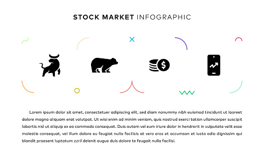 Stock Market Concept Infographic Design with Simple Solid Icons. This infographic design is suitable for use on websites, in presentations, magazines, and brochures.