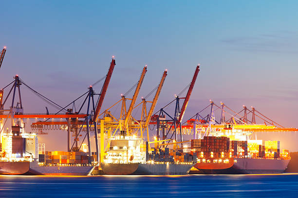 istock Container Ships Being Loaded at Dusk, Hamburg Harbor 186681553