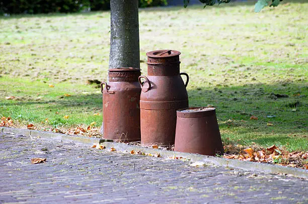 Placed as garden ornament, rusty old Dutch milkcans. this picture is taken in the North, provence of Groningen at the estate Nienoord in Leek. This is a very typical home or garden decoration in the North of the Netherlands, in agricultural areas.
