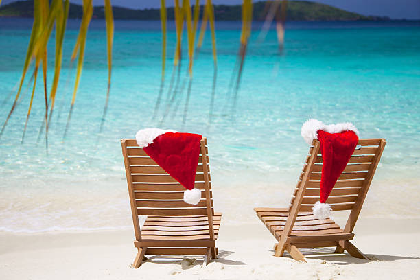 istock Christmas chairs with Santa hats at a Caribbean beach 186682063