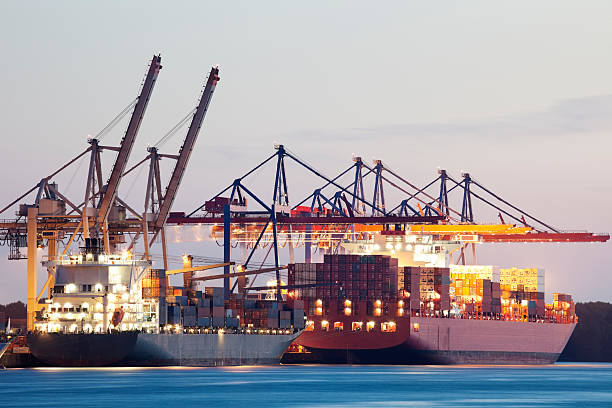 istock Container Ships Being Loaded at Dusk, Cargo Terminal, Hamburg Harbor 186682180