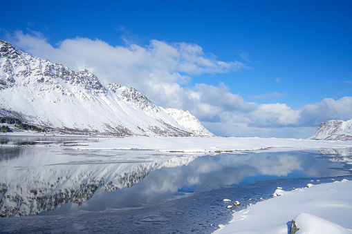 The beauty of the view at Lofoten, Norway, during the winter, there is snow and the sky is very beautiful.