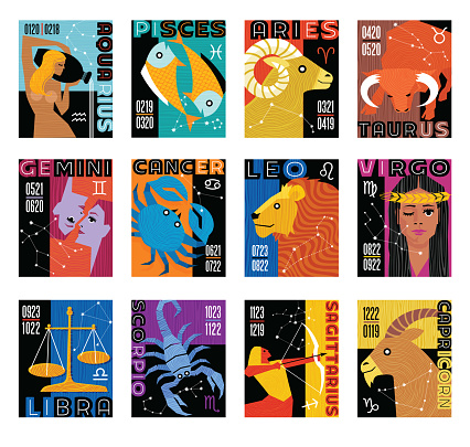 Illustrated set of the 12 astrological signs of the Zodiac. For posters, greeting cards, printable items, social media.